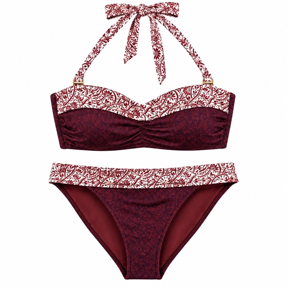 Athleta Aqualuxe Paisley Halter Bandeau Bikini Small Gold Hardware Swim beach